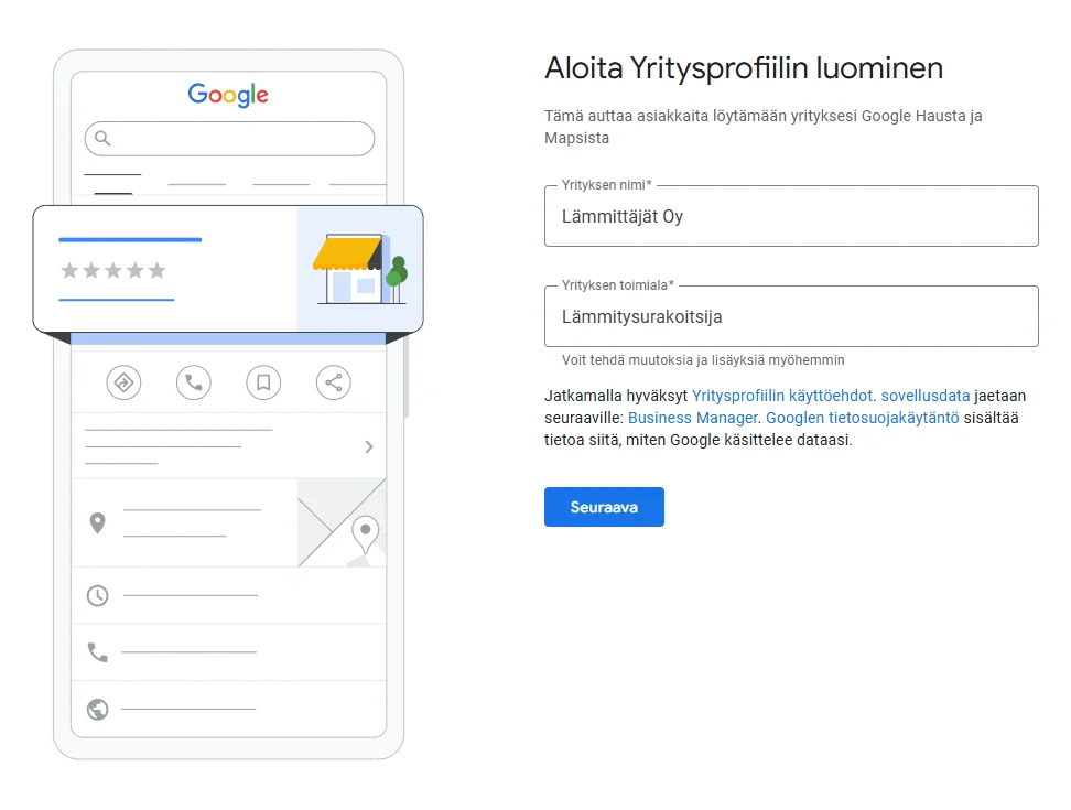 Pääkategoria määrittää kenelle yritysprofiili näytetään