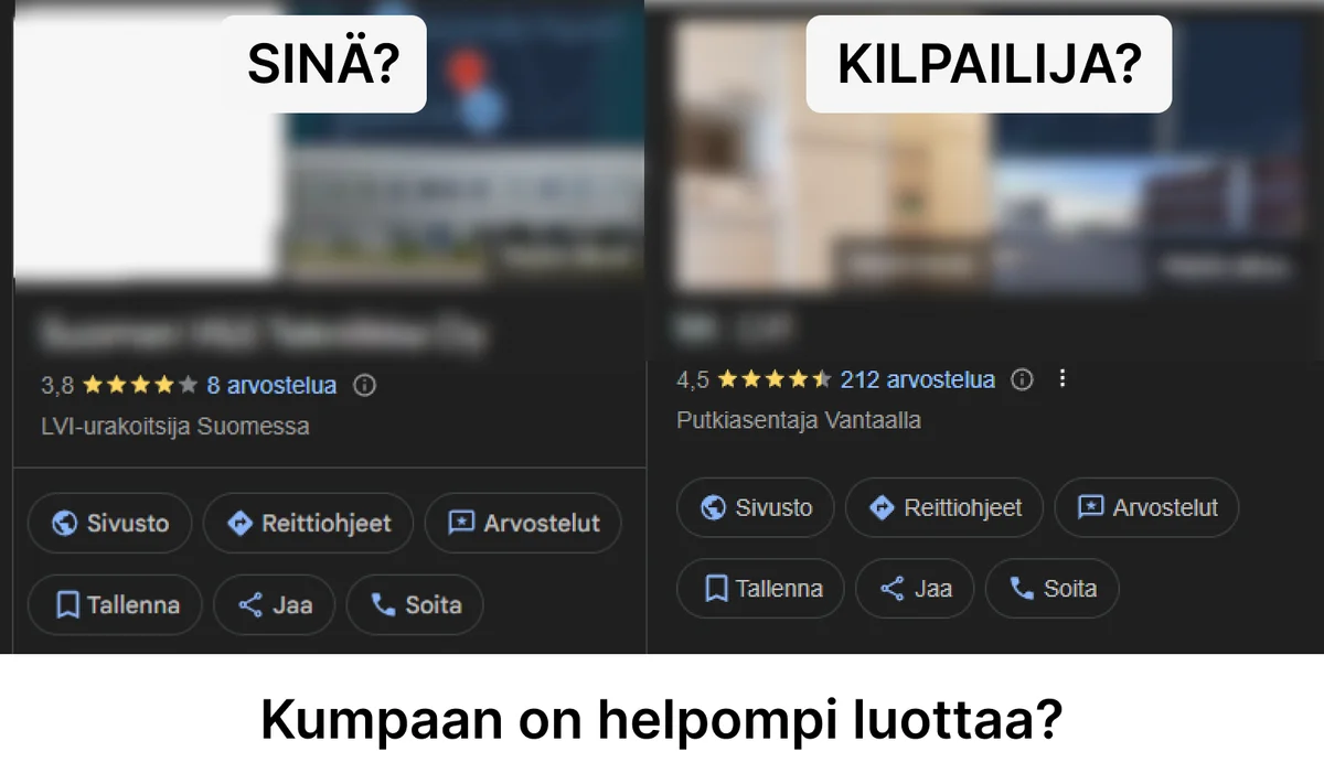 Kumpaan on helpompi luottaa, kun toisella on paljon enemmän Google-arvosteluja