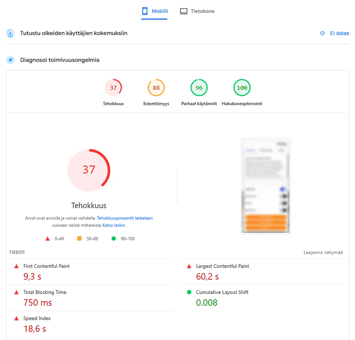 Hitaasti latautuva LVI-yrityksen sivusto Google PageSpeed -työkalulla