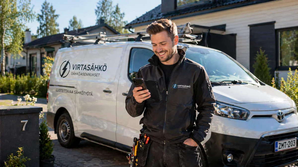 Tyytyväinen sähköasentaja käyttämässä Morfoos-järjestelmää älypuhelimella huoltoauton edessä.