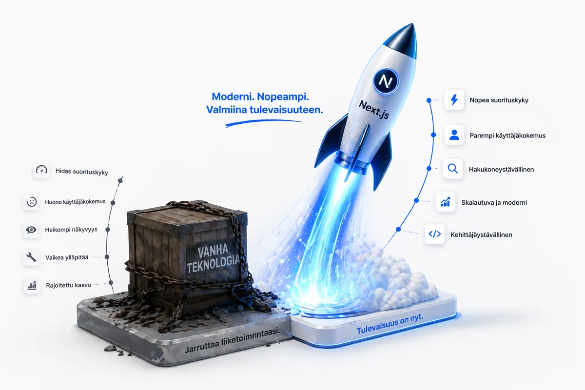 Graafinen vertailu Next.js-teknologian ja WordPressin latausnopeuksien välillä.