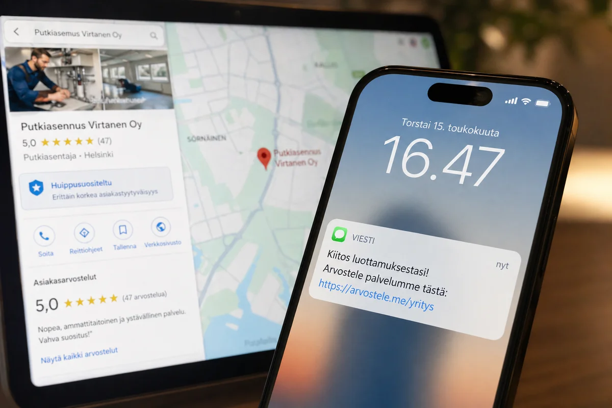 Automaattinen Google-arvostelupyyntö tekstiviestillä älypuhelimen näytöllä.