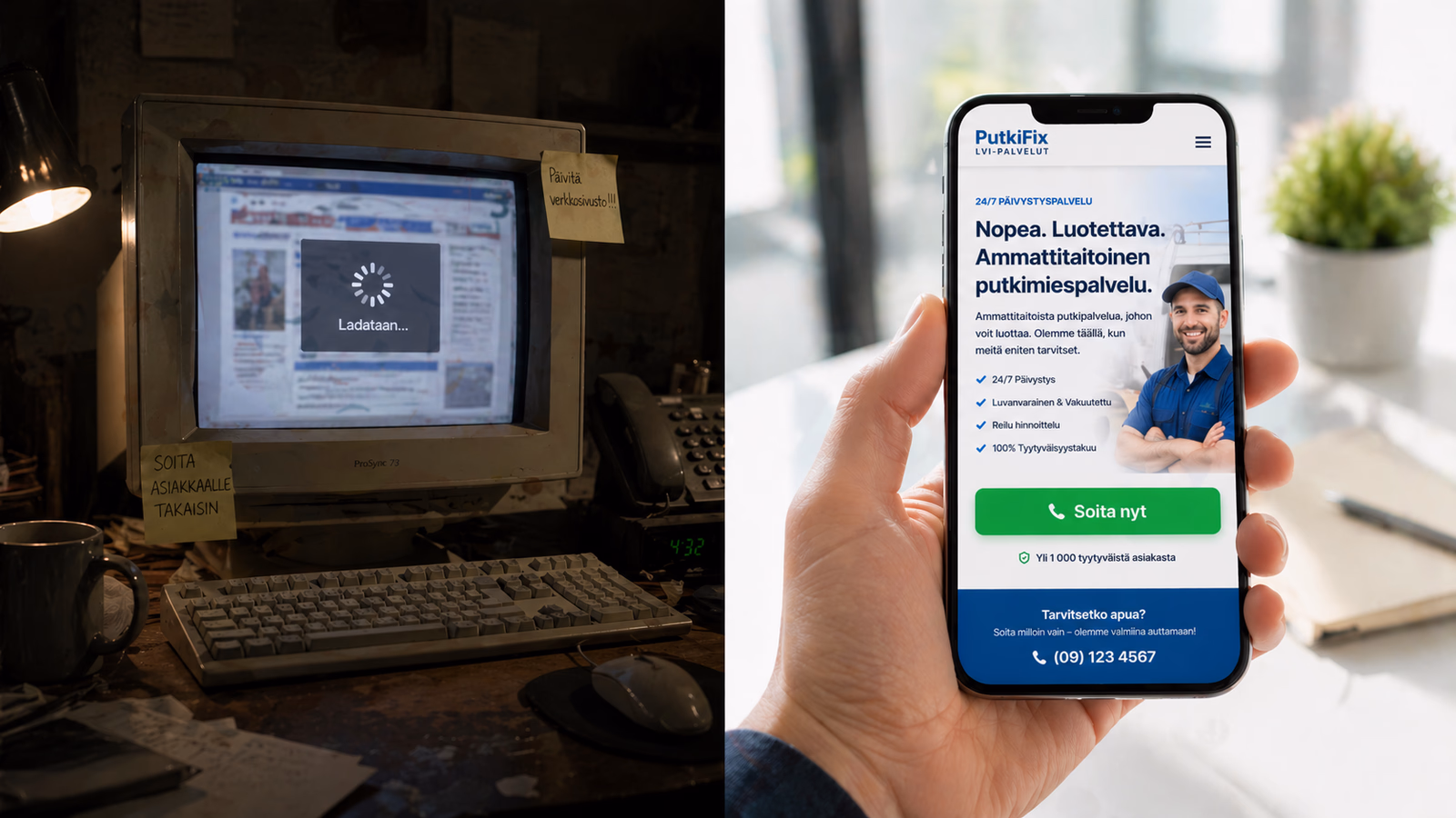Vertailu vanhan hitaan verkkosivuston ja modernin nopean Morfoos-mobiilisivuston välillä.