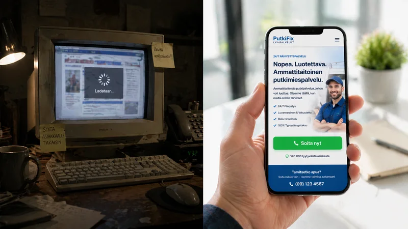 Vertailu vanhan hitaan verkkosivuston ja modernin nopean Morfoos-mobiilisivuston välillä.