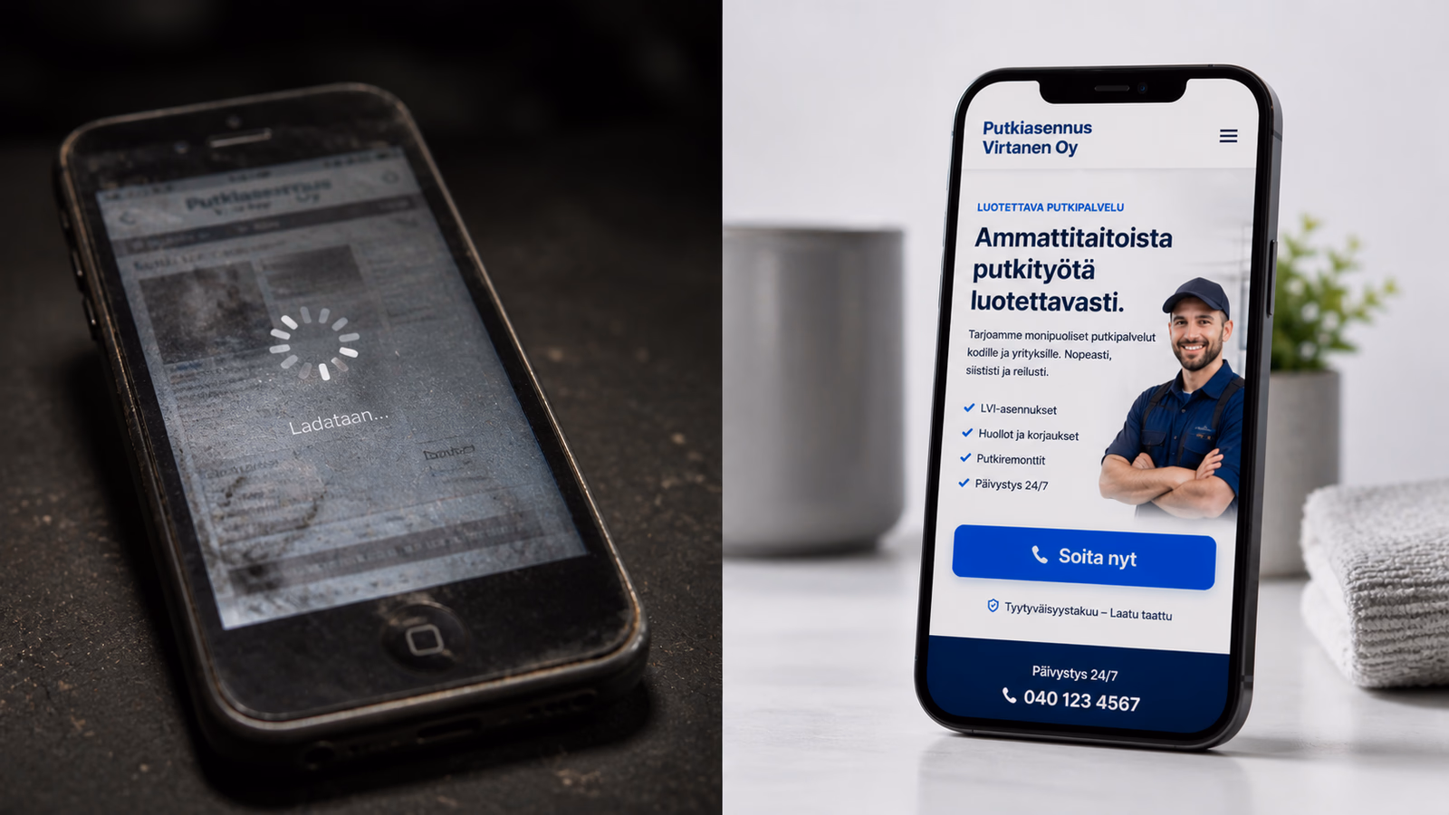 Vertailukuva hitaan ja nopean verkkosivuston välillä älypuhelimen näytöllä, symboloiden LVI-yrityksen digitaalista markkinointia.