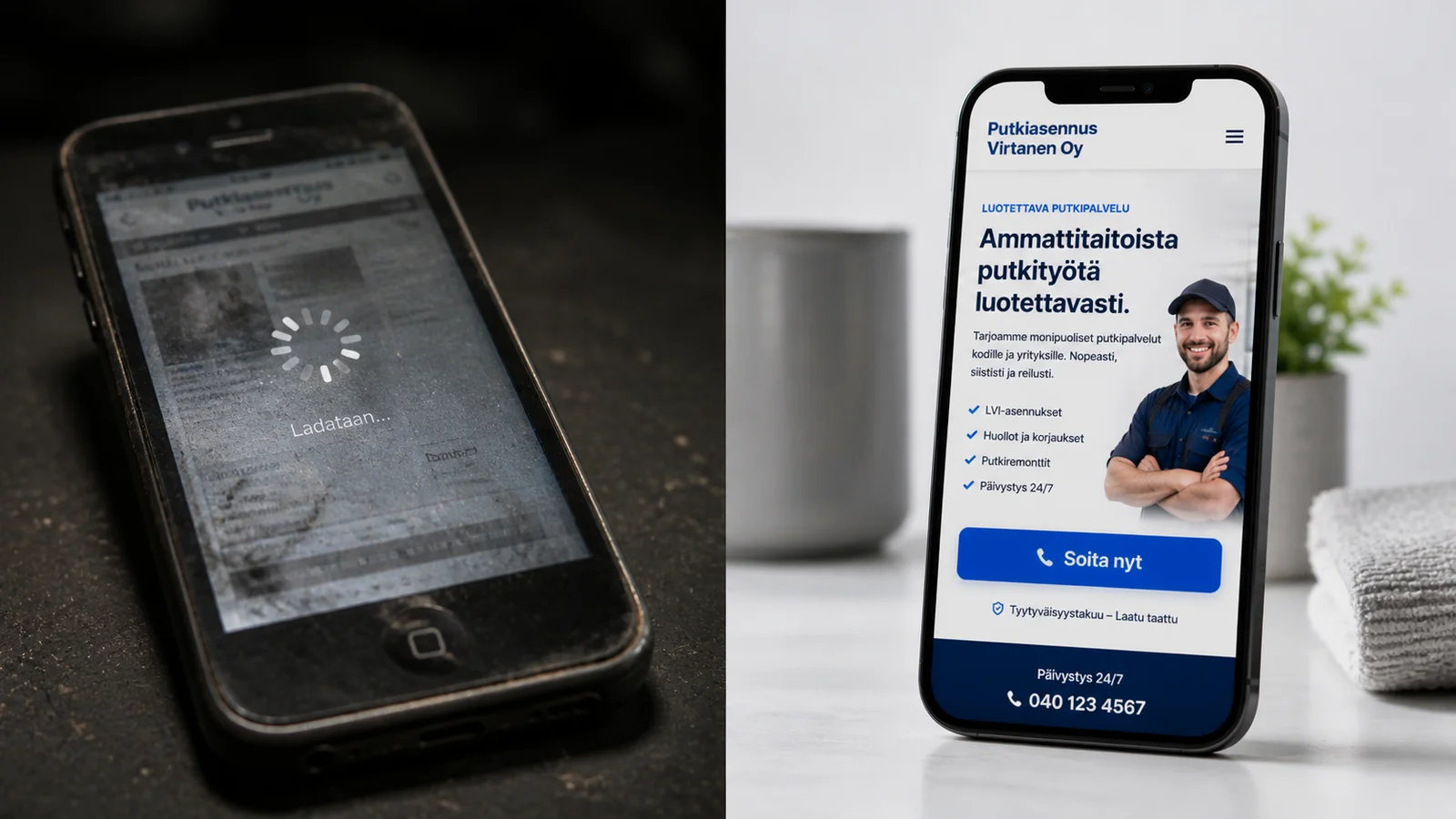 Vertailukuva hitaan ja nopean verkkosivuston välillä älypuhelimen näytöllä, symboloiden LVI-yrityksen digitaalista markkinointia.