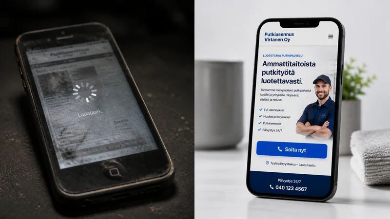 Vertailukuva hitaan ja nopean verkkosivuston välillä älypuhelimen näytöllä, symboloiden LVI-yrityksen digitaalista markkinointia.