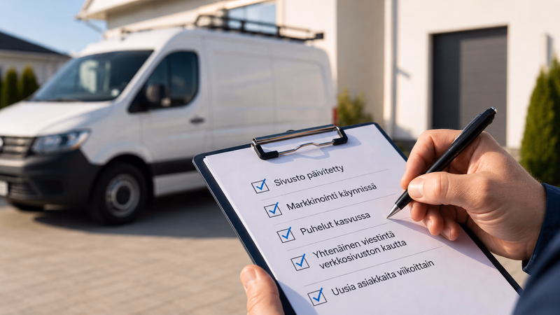 Käsi merkitsemässä kohtia tarkistuslistaan, taustalla häämöttää huoltoauto. Kuvastaa paikallisen yrittäjän verkkosivuston kuntotarkastusta.