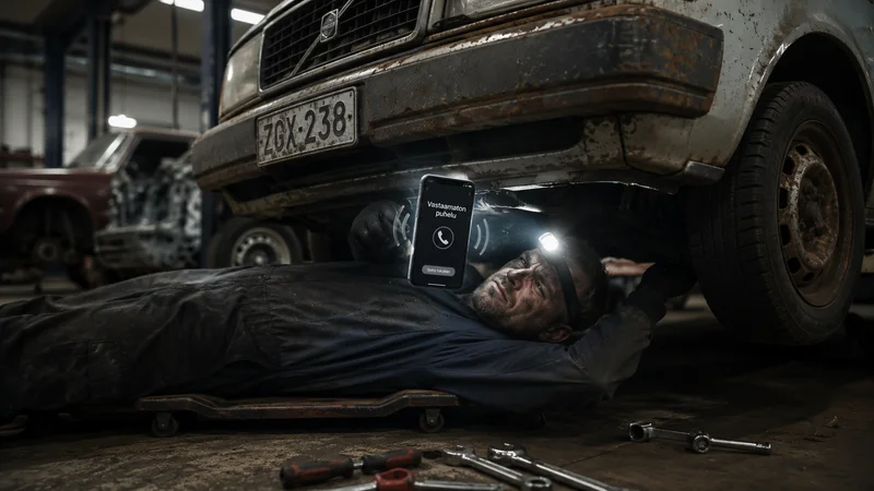 Lähikuva rasvaisesta kädestä, joka pitelee jakoavainta auton alla, mutta on pysähtynyt kuuntelemaan soivaa puhelinta.